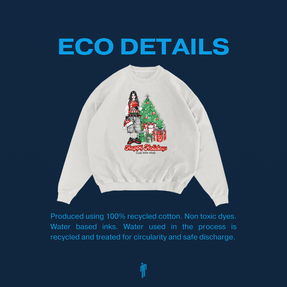 HAPPY HOLIDAYS WHITE CREWNECK ECO DETAILS