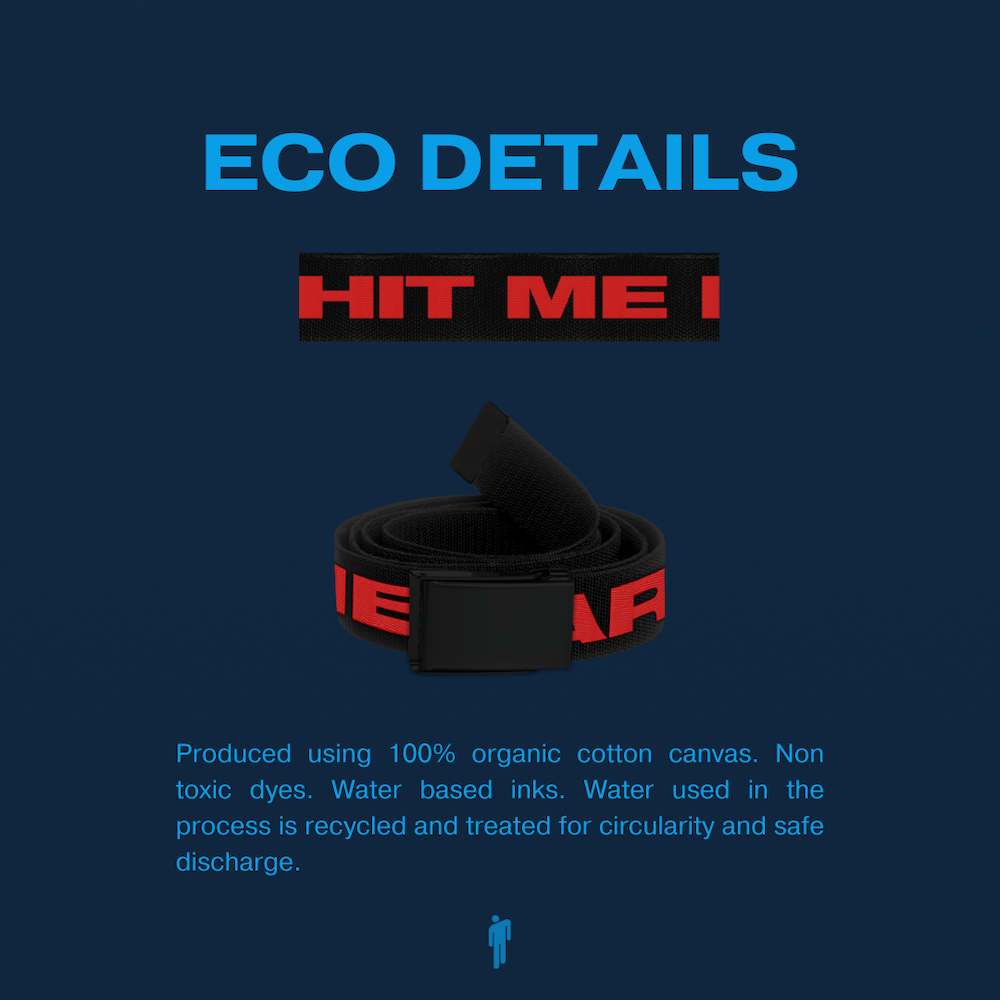 HIT ME HARD AND SOFT BLACK AND RED BELT ECO DETAILS