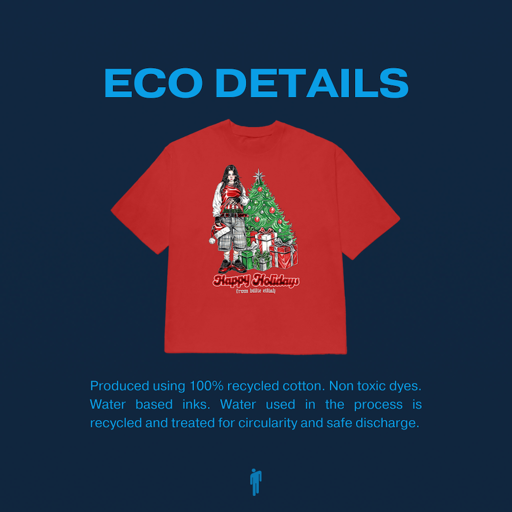 HAPPY HOLIDAYS RED TEE ECO DETAILS