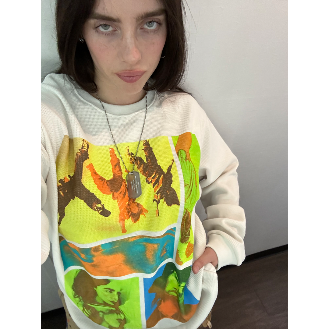 BILLIE WEARING BIRDS OF A FEATHER COLLAGE THERMAL LONG SLEEVE