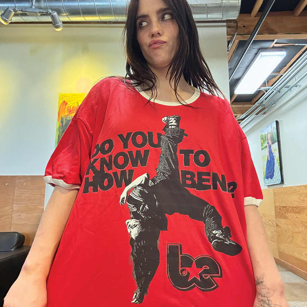 Billie wearing DO YOU KNOW HOW TO BEND? Ringer Tee